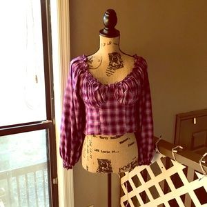 Free People OTS Peasant Sleeve Crop Top Plaid NWT